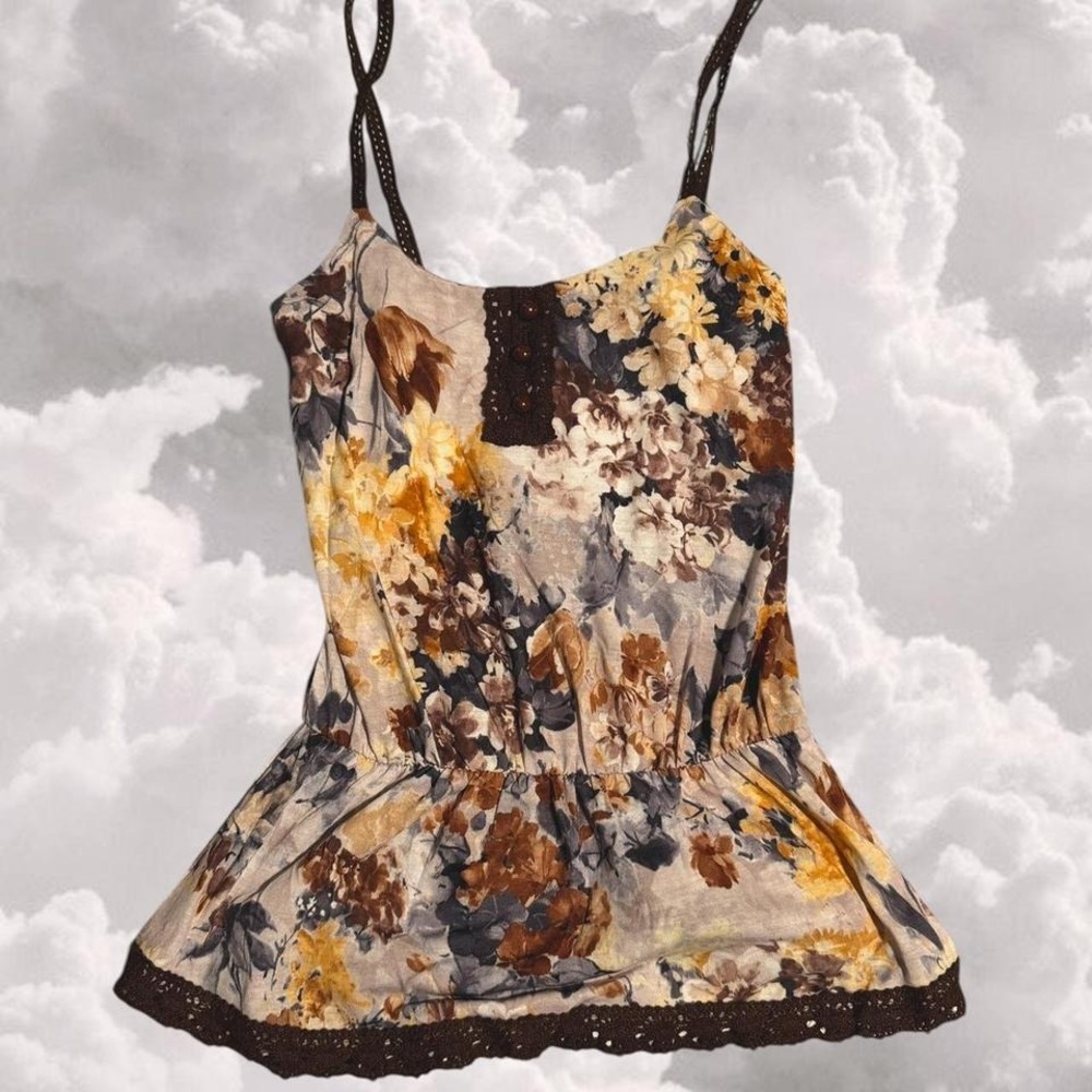 Y2K drop waist boho whimsy hippie tank top with brown lace size small